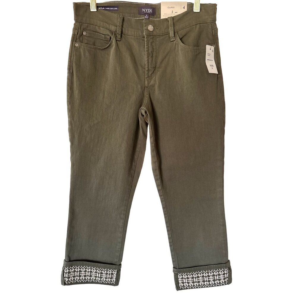 NYDJ Size 4 Not Your Daughters Jeans Dayla Wide Cuff Capri Emb Topiary NWT Green